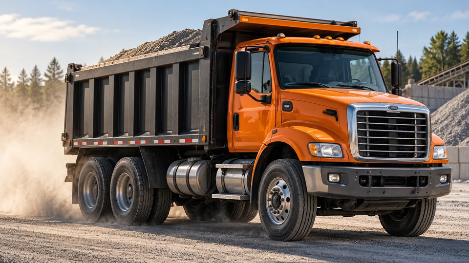 Orange commercial dump truck at a hauling site